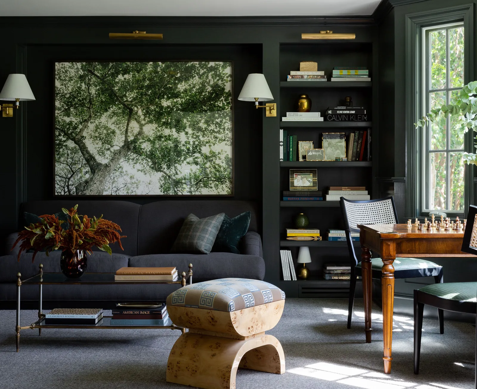 21 Living Room Remodel Ideas with Charcoal Fluted Walls & Floating Walnut Shelves